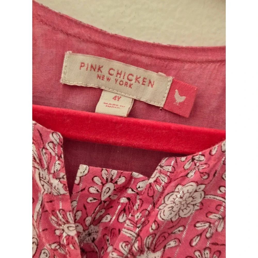 Pink Chicken NY Girls Pink Floral Block Print Metallic Tiered Dress 4Y